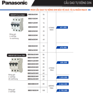 Bảng giá cau giao BBD3503CNV Panasonic MCB 3P C Curve 06kA 50A ngắn mạch