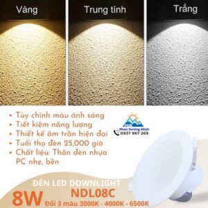 Đèn LED âm trần 3 màu ánh sáng 8W Nanoco NDL08C thiết kế hiện đại