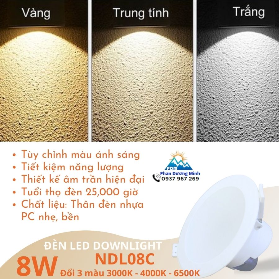 Đèn LED âm trần 3 màu ánh sáng 8W Nanoco NDL08C thiết kế hiện đại