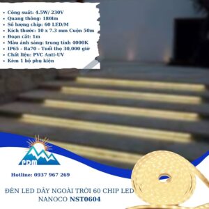 Đèn LED dây trung tính 60 chip LED ngoài trời Nanoco NST0604 - điểm nhấn ánh sáng